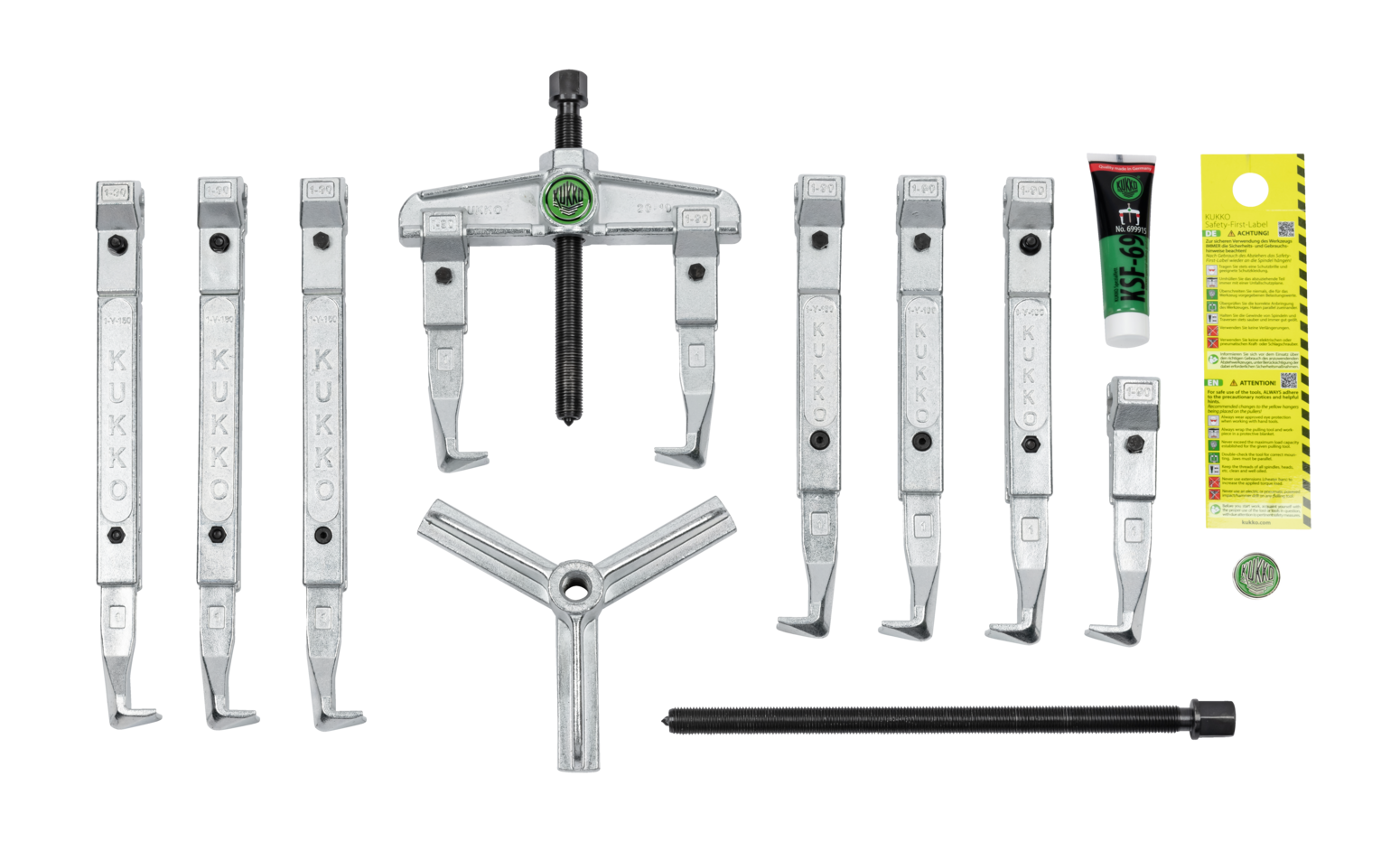 The components of the 2- and 3-arm universal puller set K-2030-10