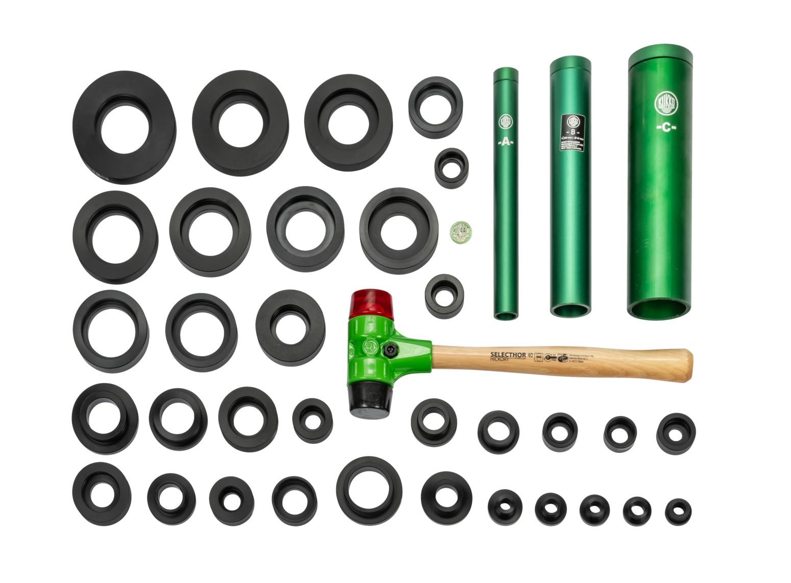 All components of the bearing installation tool set 71-L, light outdoor assembly model