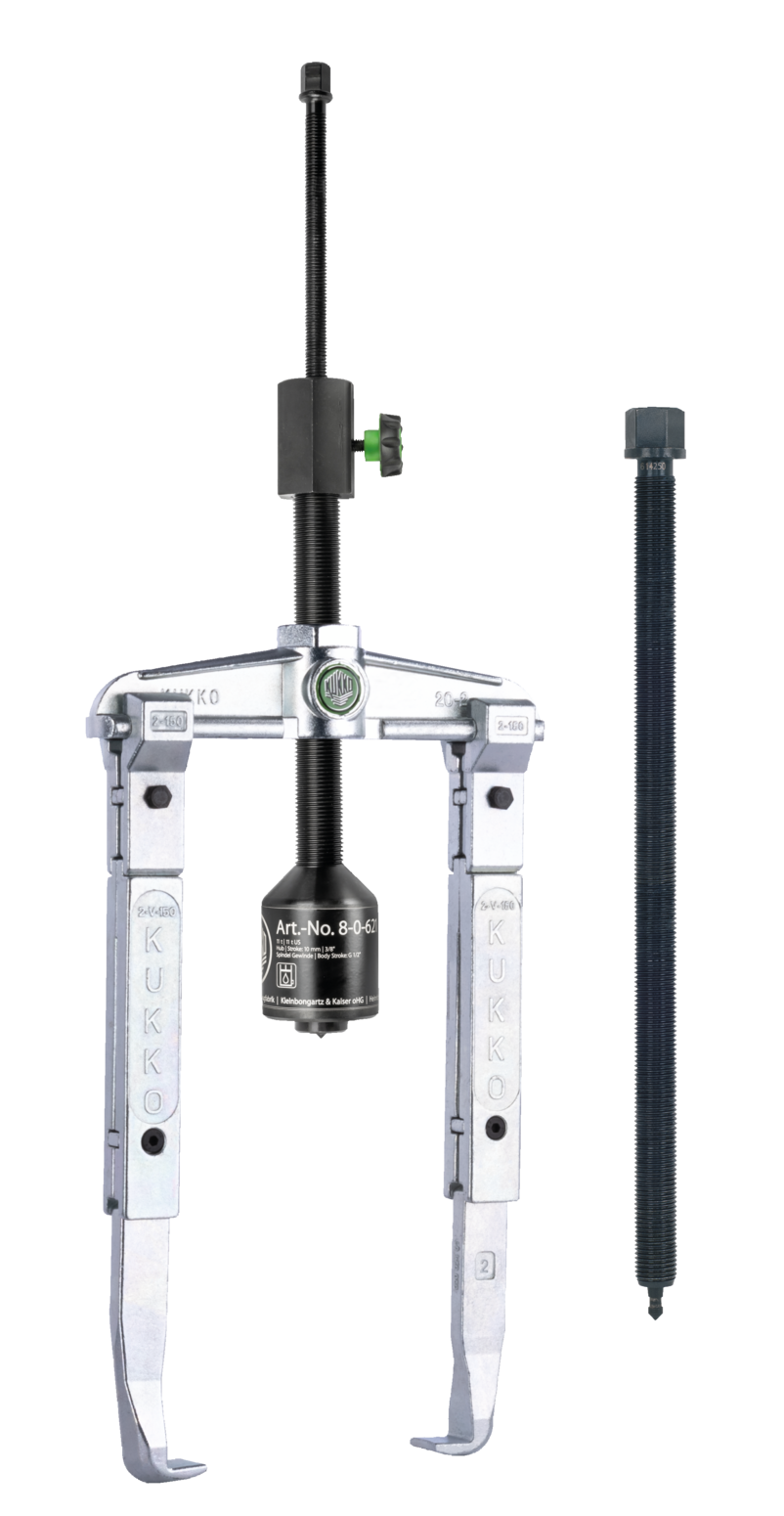 A 2-arm universal puller of the 20-Classic-B series with adjustable puller hooks and grease-hydraulic spindle