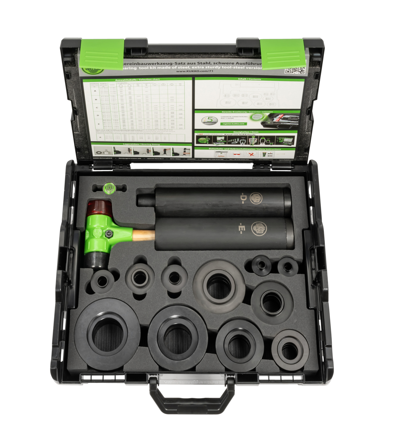 The bearing installation tool set 71 made of steel, heavy design, for the installation of bearings