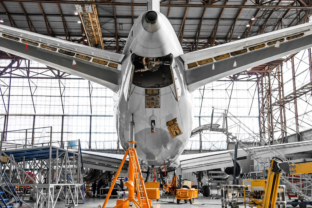 Aircraft in production hall for the aviation industry